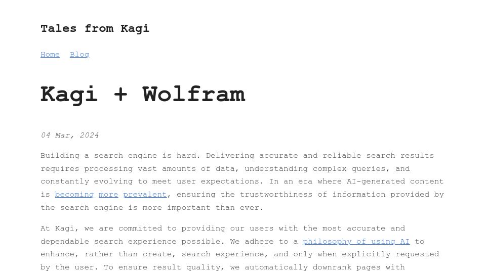 Screenshot of blog.kagi.com: Kagi and Wolfram