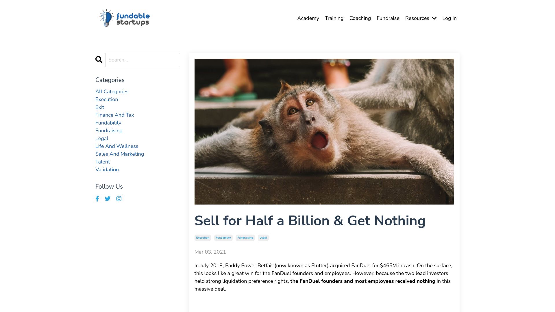Screenshot of fundablestartups.com: Sell for half a billion and get nothing (2021)