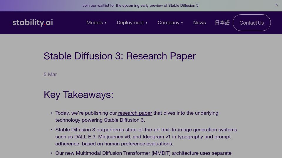 Screenshot of stability.ai: Stable Diffusion 3: Research Paper