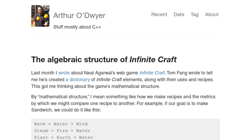 Screenshot of quuxplusone.github.io: The algebraic structure of Infinite Craft