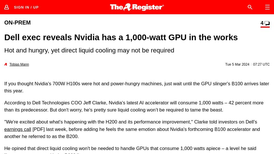 Screenshot of theregister.com: Dell exec reveals Nvidia has a 1,000-watt GPU in the works