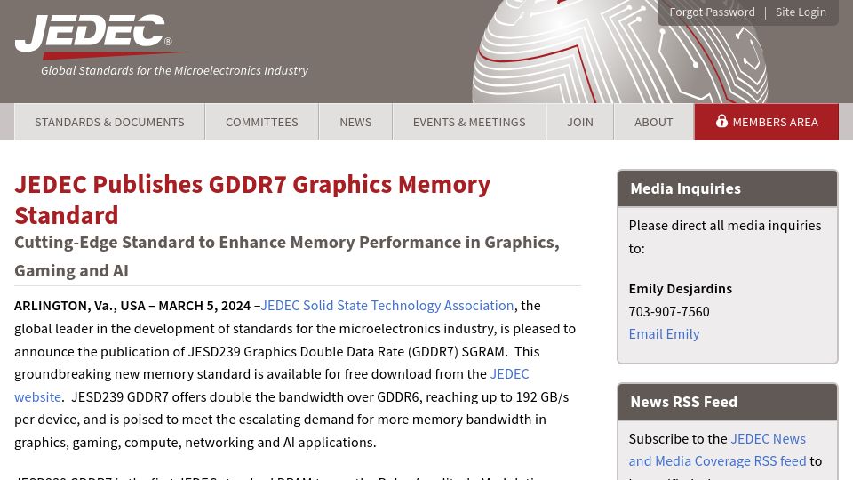 Screenshot of jedec.org: JEDEC publishes GDDR7 graphics memory standard