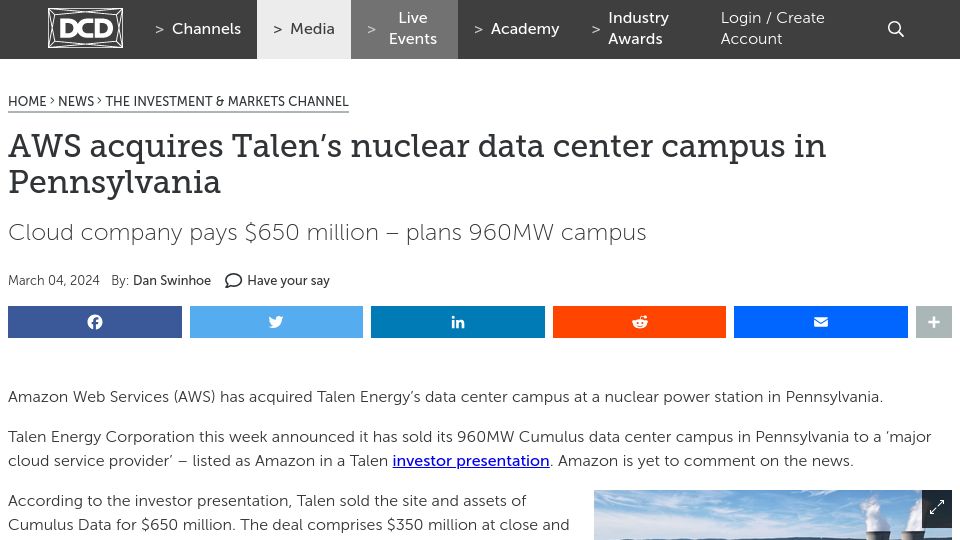 Screenshot of datacenterdynamics.com: AWS acquires Talen's 960MW nuclear data center campus in Pennsylvania