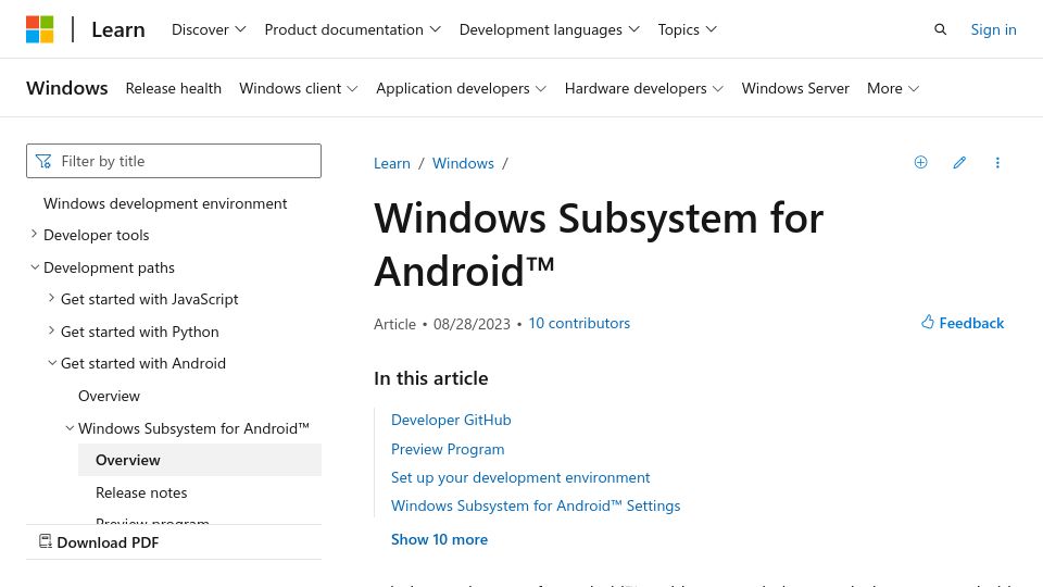 Screenshot of learn.microsoft.com: Microsoft is ending support for the Windows Subsystem for Android (WSA)