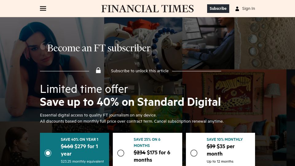 Screenshot of ft.com: Gender gap in tech jobs narrows across advanced economies