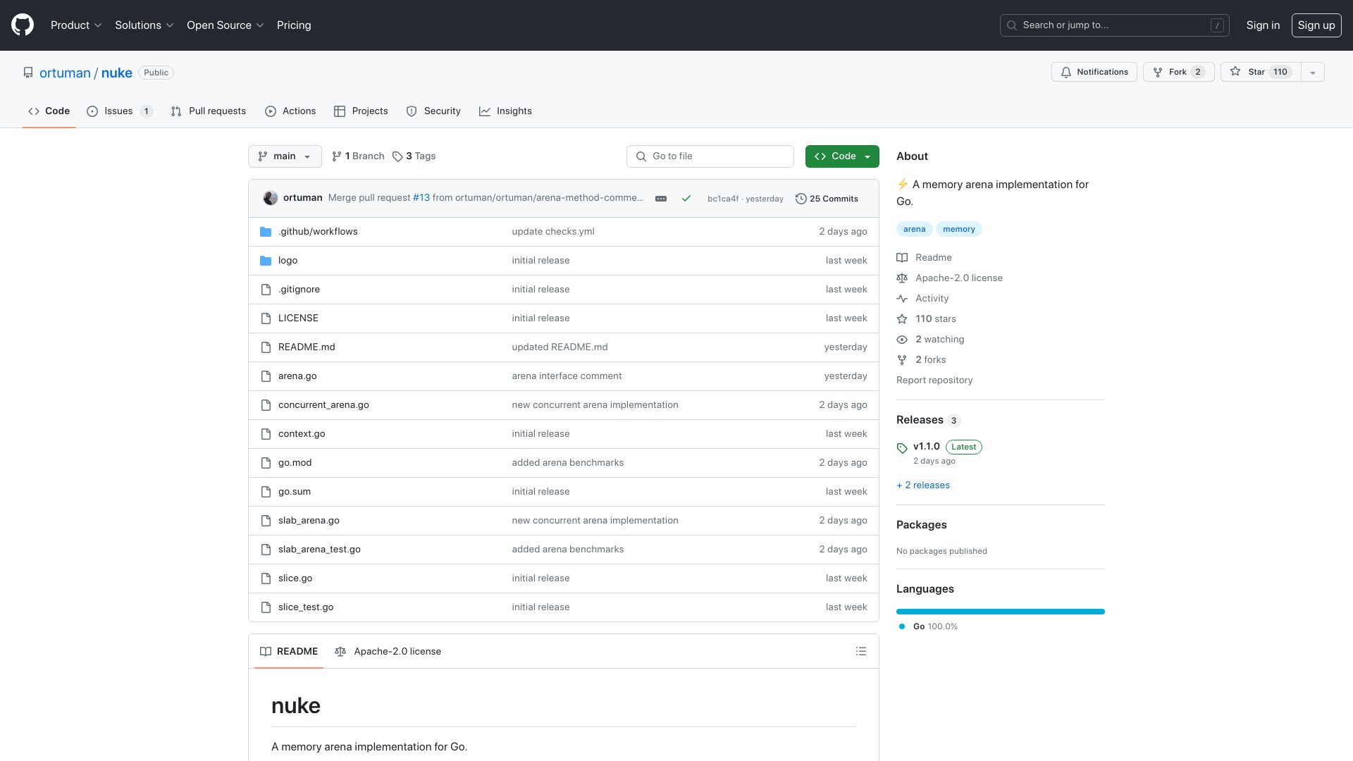 Screenshot of github.com: Nuke: A memory arena implementation for Go