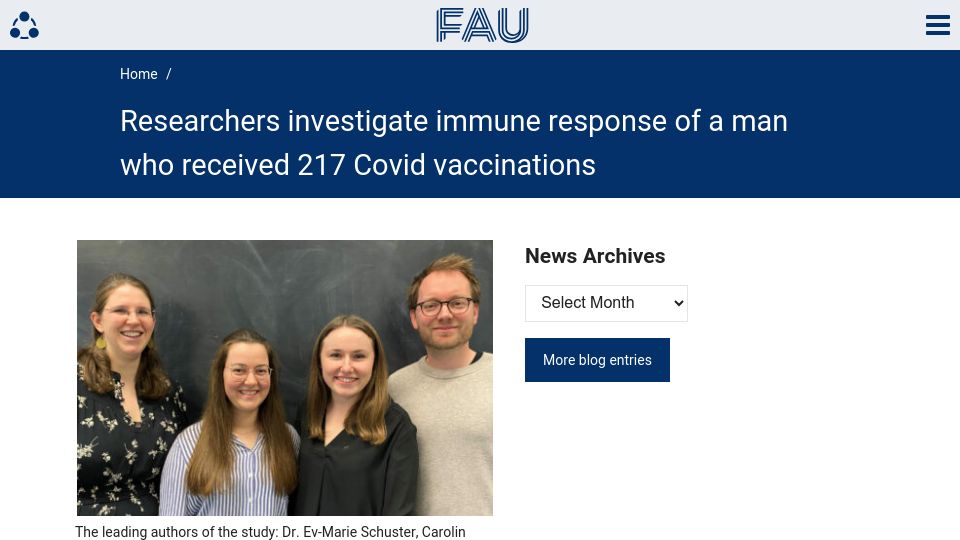 Screenshot of fau.eu: Investigating immune response of a man who received 217 Covid vaccines
