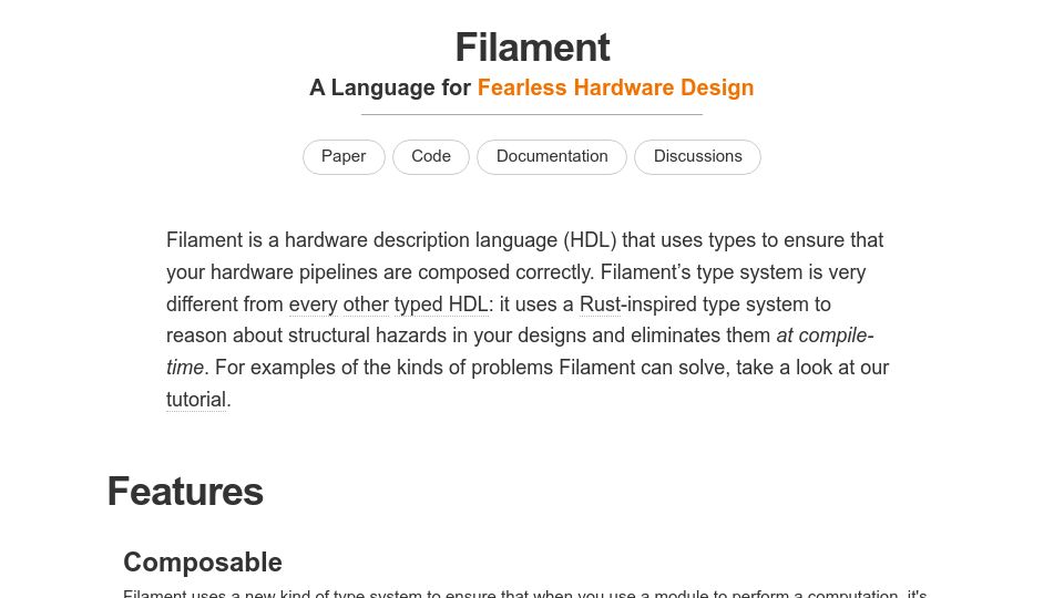 Screenshot of filamenthdl.com: Filament – A Language for Fearless Hardware Design
