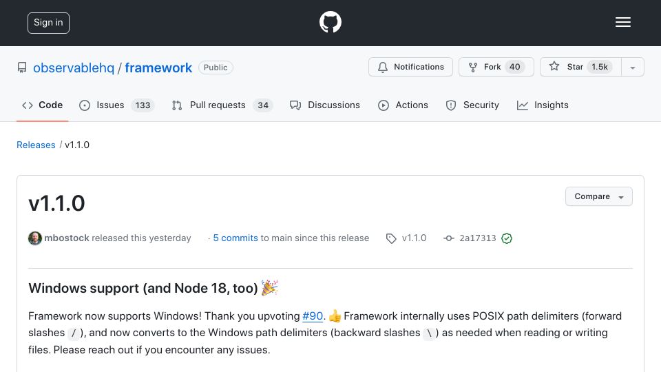 Screenshot of github.com: Observable Framework 1.1