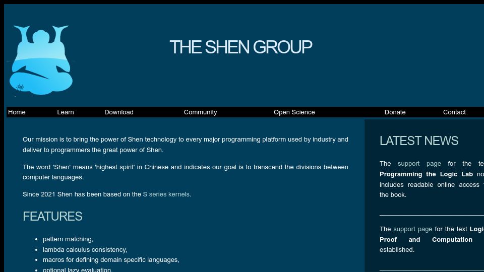 Screenshot of shenlanguage.org: The Shen Programming Language