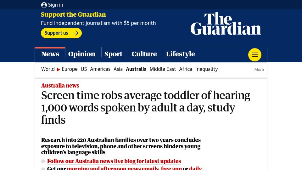 Screenshot of theguardian.com: Screen time robs average toddler of hearing 1,000 words spoken by adult a day
