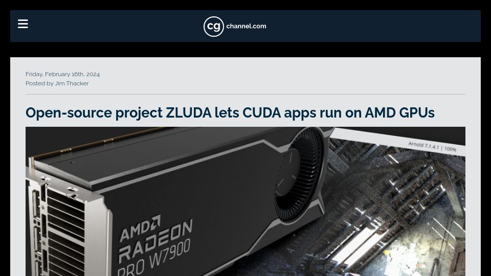 Screenshot of cgchannel.com: Open-source project ZLUDA lets CUDA apps run on AMD GPUs