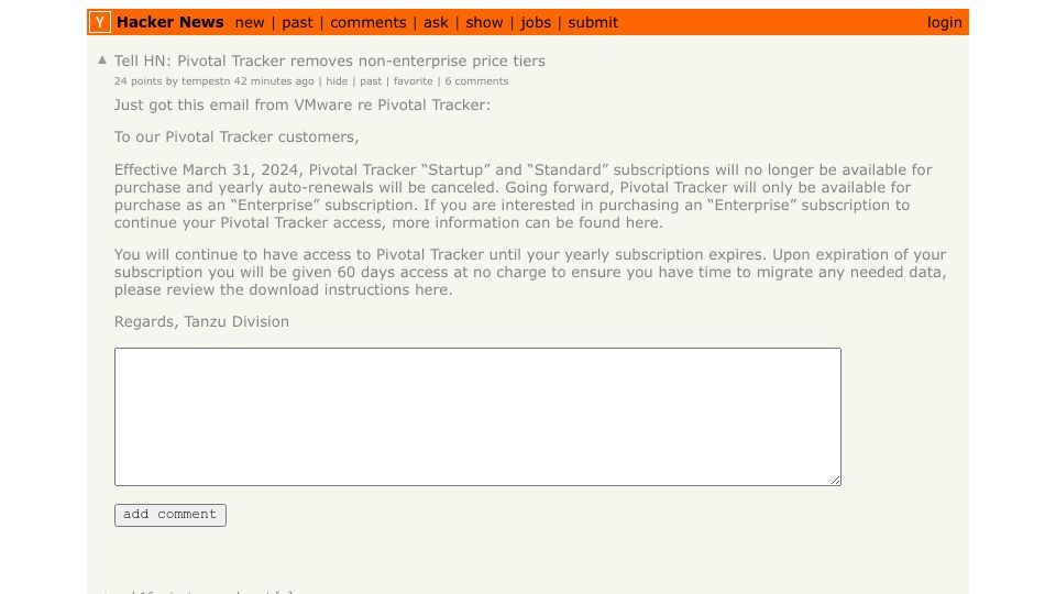 Screenshot of Hacker News post: Tell HN: Pivotal Tracker removes non-enterprise price tiers
