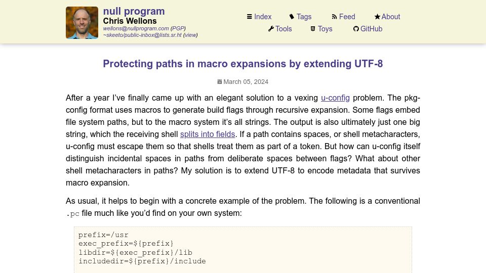 Screenshot of nullprogram.com: Protecting paths in macro expansions by extending UTF-8
