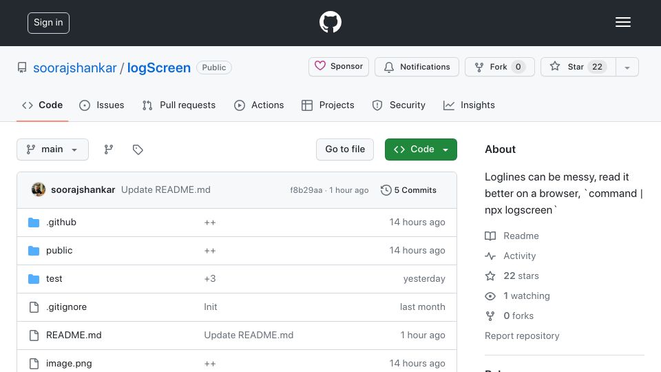 Screenshot of github.com: Show HN: Piping logs, visualizing in a web app – just suffix "| npx logscreen"