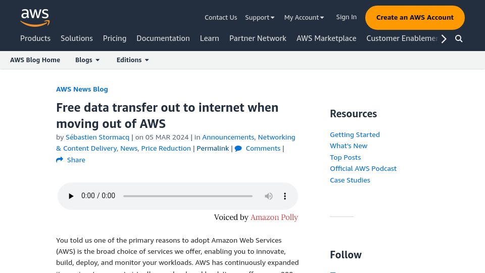 Screenshot of aws.amazon.com: Free data transfer out to internet when moving out of AWS