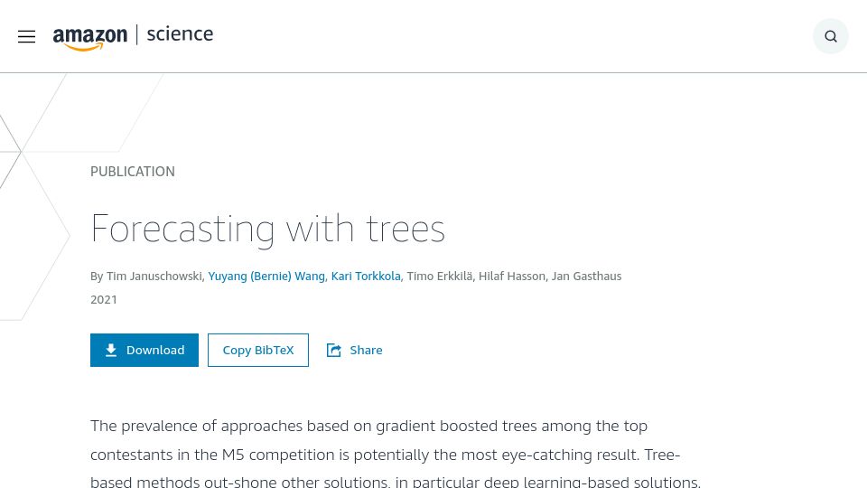 Screenshot of amazon.science: Forecasting with Trees (2021)