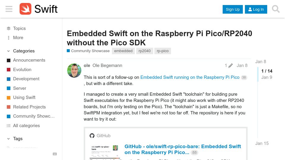 Screenshot of forums.swift.org: Embedded Swift on the Raspberry Pi Pico