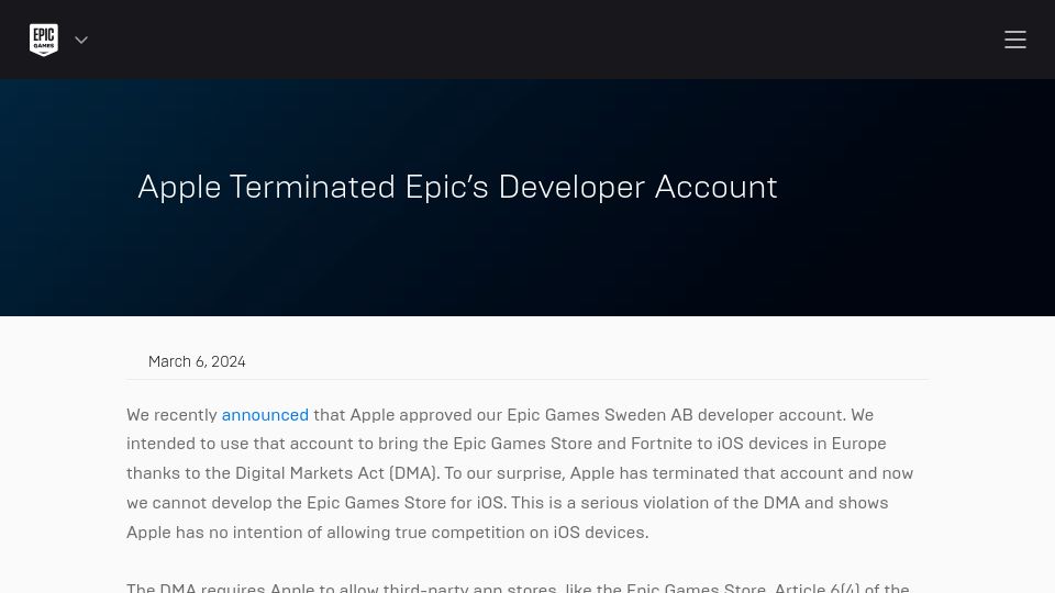 Screenshot of epicgames.com: Apple Terminated Epic's Developer Account