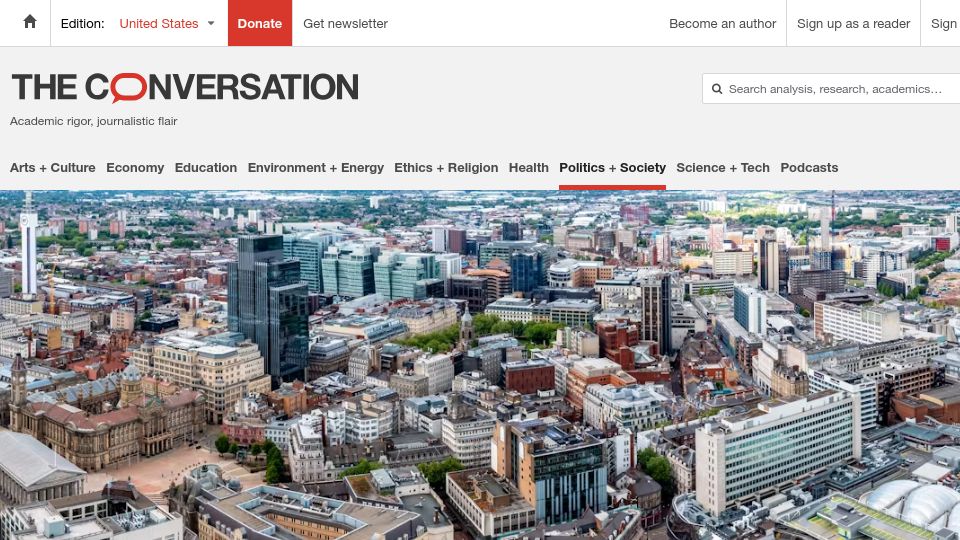 Screenshot of theconversation.com: Birmingham council's 'equal pay' bankruptcy provided cover for Oracle disaster