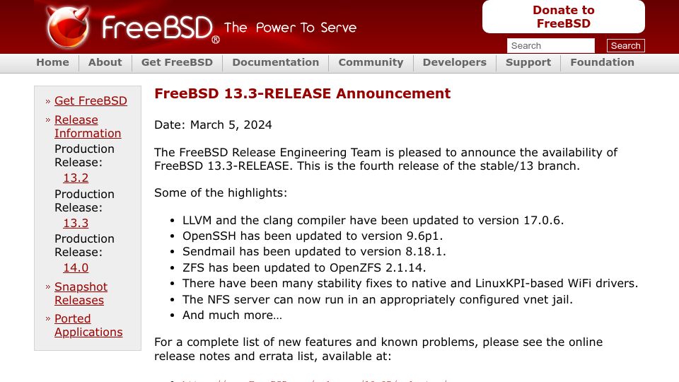 Screenshot of freebsd.org: FreeBSD 13.3-Release Announcement