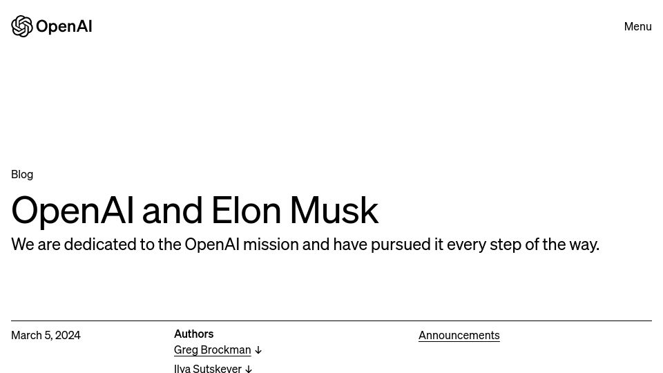 Screenshot of openai.com: OpenAI and Elon Musk