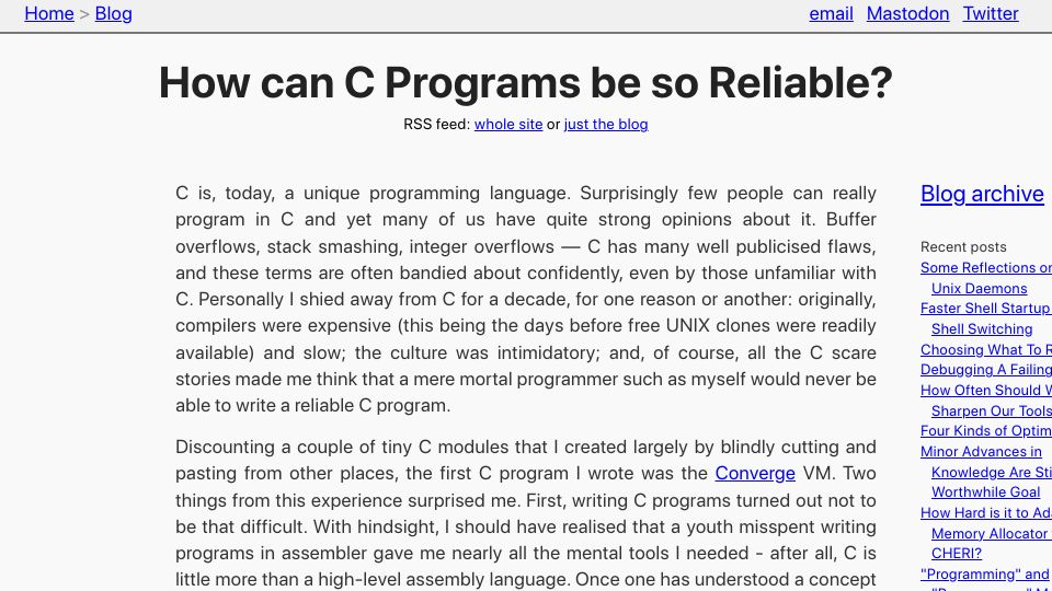 Screenshot of tratt.net: How can C Programs be so Reliable? (2008)