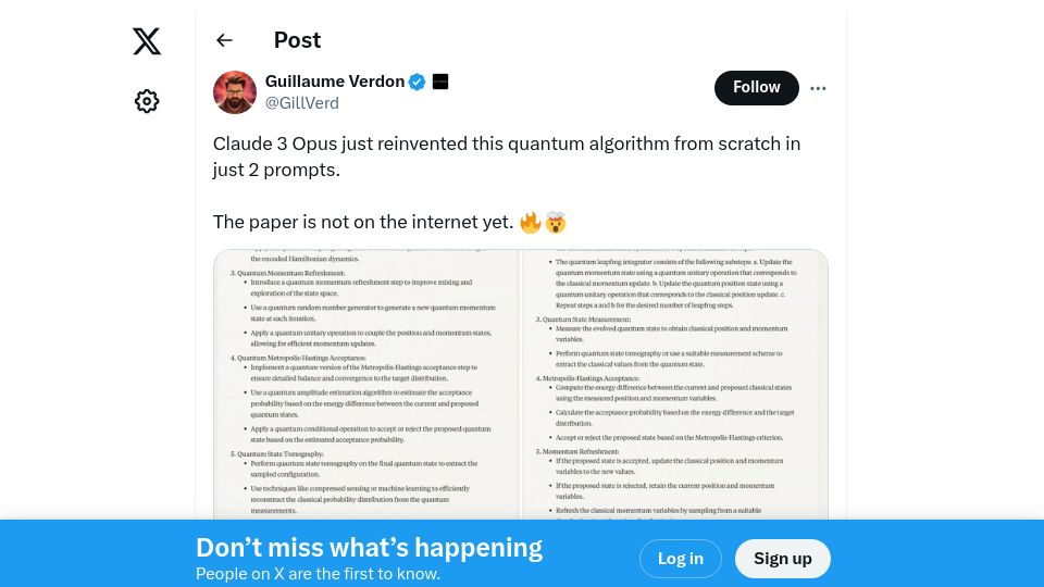 Screenshot of twitter.com: Claude 3 Opus reinvented this quantum algorithm from scratch in just 2 prompts