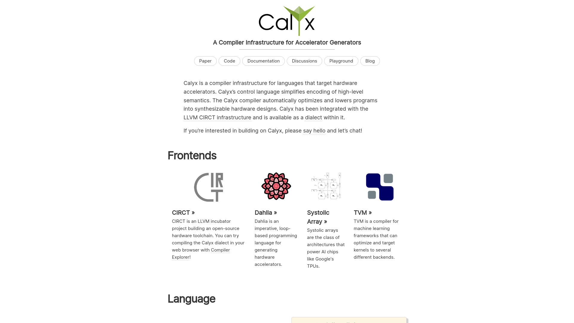 Screenshot of calyxir.org: Calyx, a Compiler Infrastructure for Accelerator Generators
