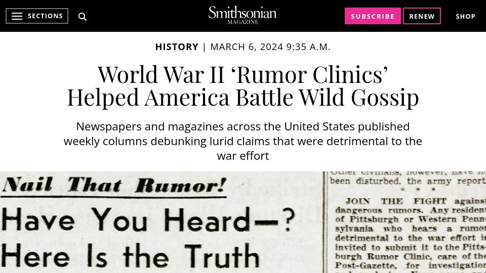 Screenshot of smithsonianmag.com: World War II 'rumor clinics' helped America battle wild gossip