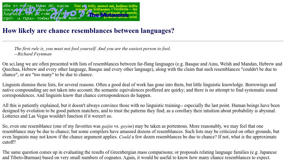 Screenshot of zompist.com: How likely are chance resemblances between languages? (2002)