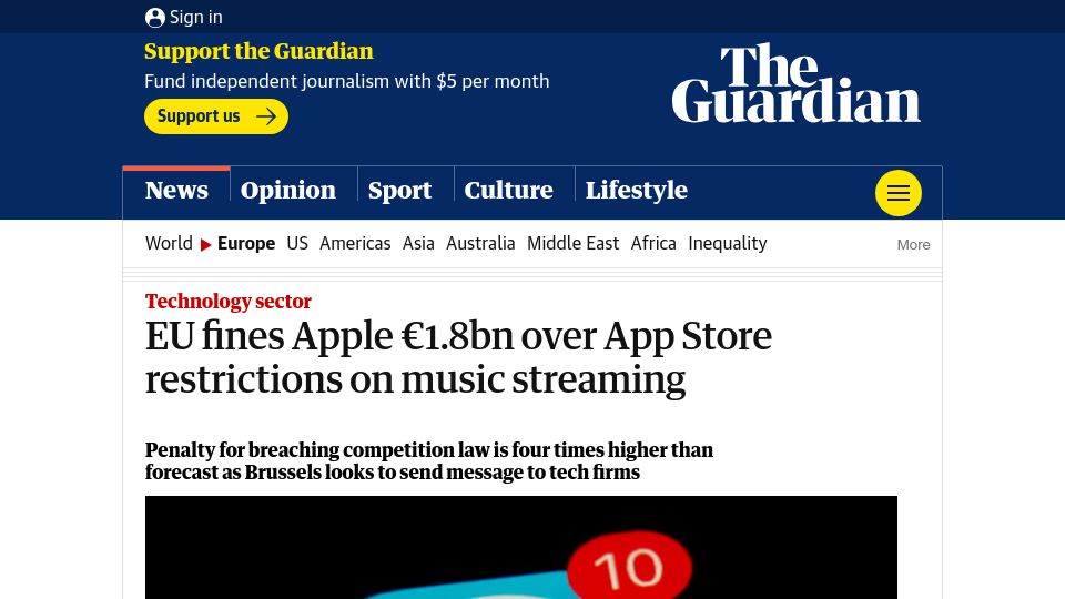 Screenshot of theguardian.com: EU Fines Apple $1.8B