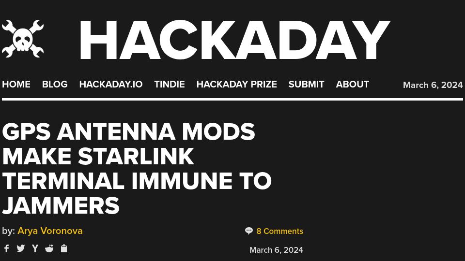 Screenshot of hackaday.com: GPS Antenna Mods Make Starlink Terminal Immune to Jammers
