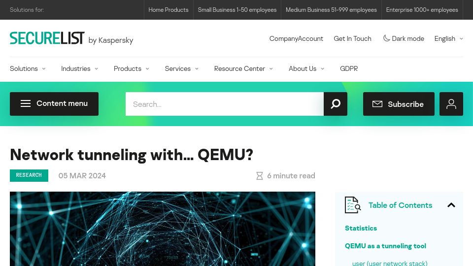 Screenshot of securelist.com: Network Tunneling with QEMU