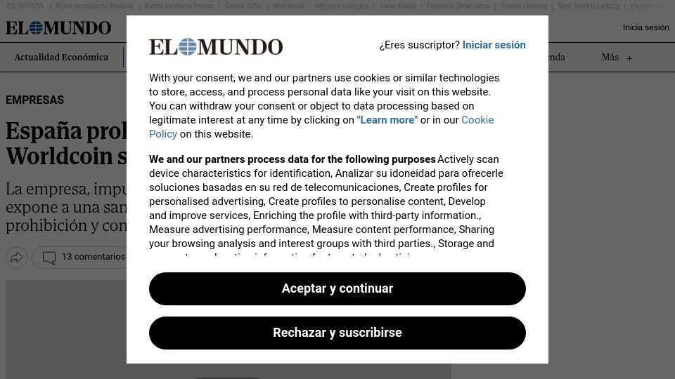 Screenshot of elmundo.es: Worldcoin is now banned in Spain