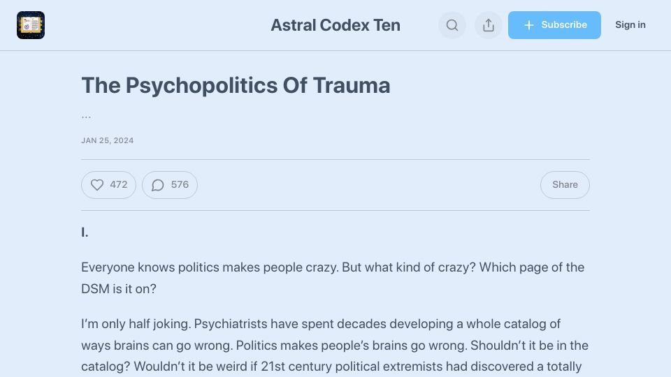 Screenshot of astralcodexten.com: The Psychopolitics of Trauma