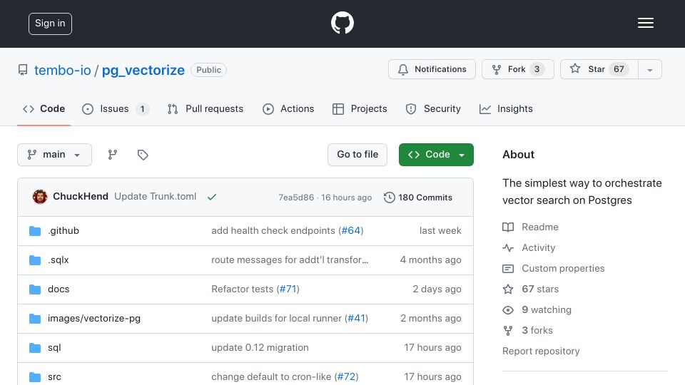 Screenshot of github.com: Pg_vectorize: Vector search and RAG on Postgres