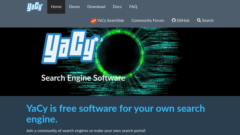 Screenshot of yacy.net: YaCy, a distributed Web Search Engine, based on a peer-to-peer network
