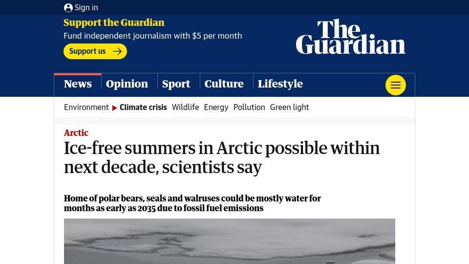 Screenshot of theguardian.com: Ice-free summers in Arctic possible within next decade, scientists say