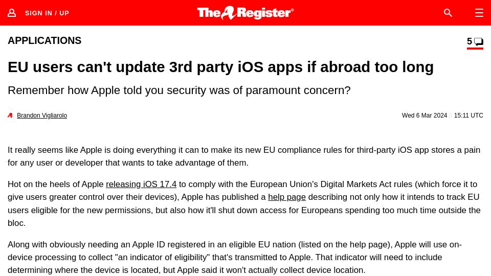 Screenshot of theregister.com: EU users can't update 3rd party iOS apps if abroad too long