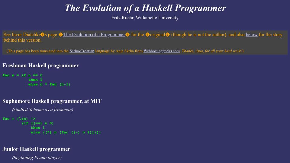 Screenshot of pages.cpsc.ucalgary.ca: The Evolution of a Haskell Programmer (2001)