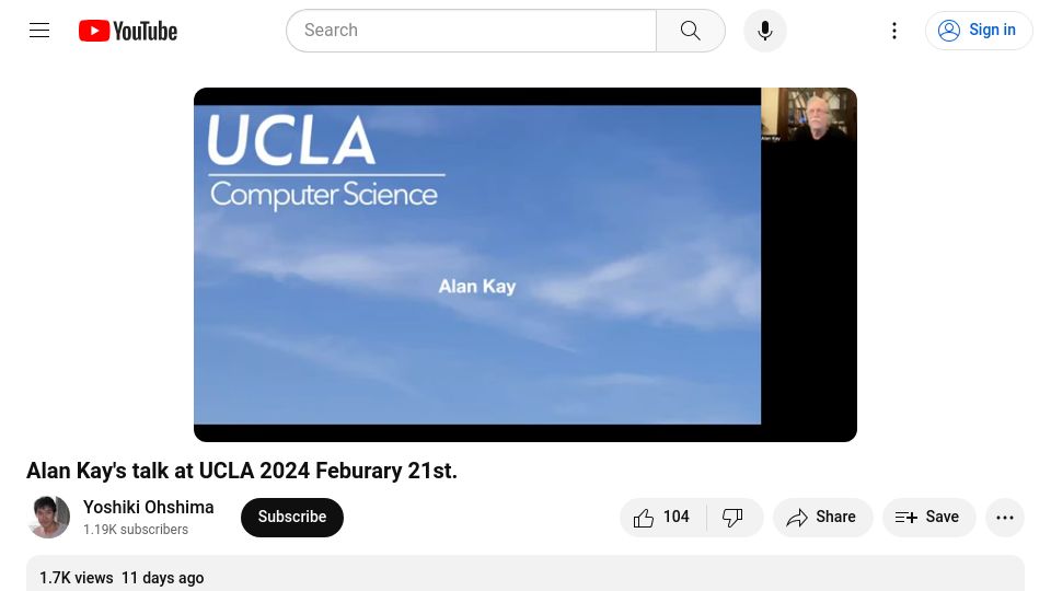 Screenshot of youtube.com: Alan Kay's talk at UCLA – Feb 2024 [video]