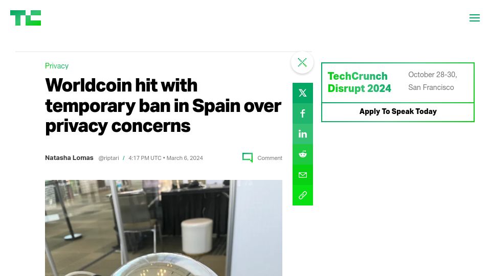 Screenshot of techcrunch.com: Worldcoin hit with temporary ban in Spain over privacy concerns
