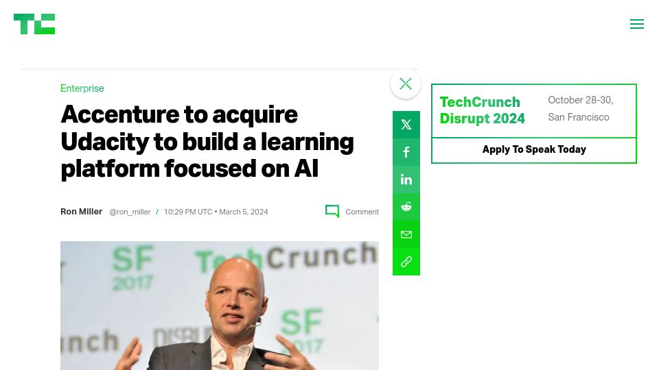 Screenshot of techcrunch.com: Accenture to Acquire Udacity