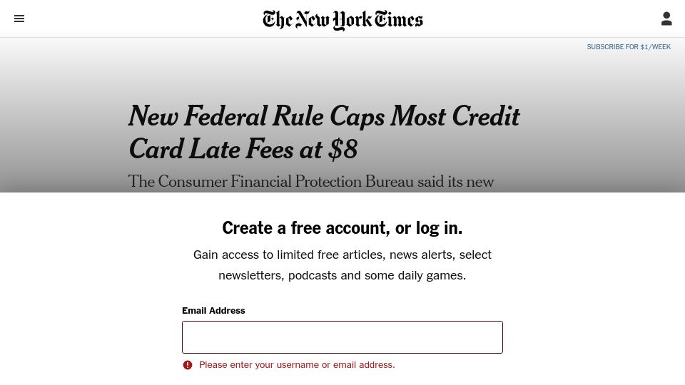 Screenshot of nytimes.com: New Federal Rule Caps Credit Card Late Fees at $8