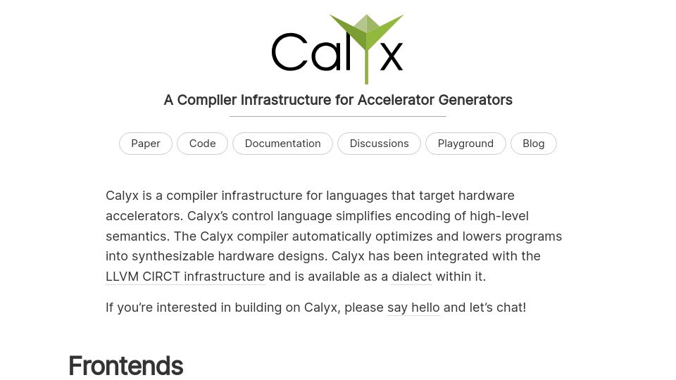 Screenshot of calyxir.org: Calyx, a Compiler Infrastructure for Accelerator Generators