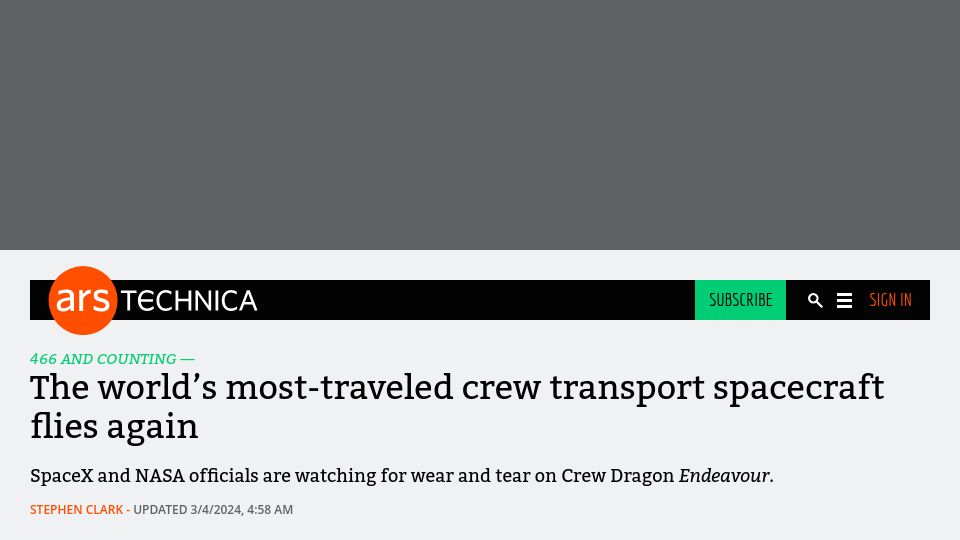 Screenshot of arstechnica.com: The most traveled crew transport spacecraft flies again