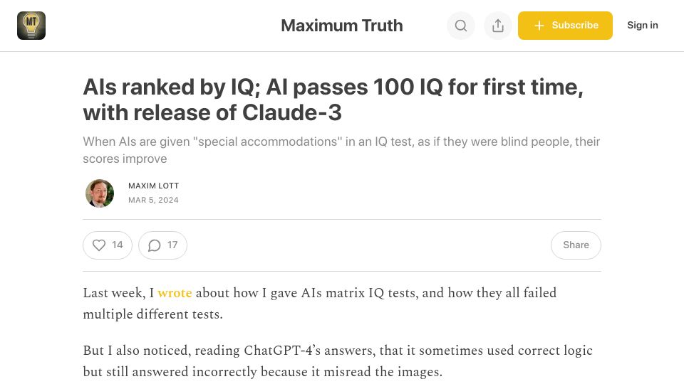 Screenshot of maximumtruth.org: AIs ranked by IQ; AI passes 100 IQ for first time, with release of Claude-3