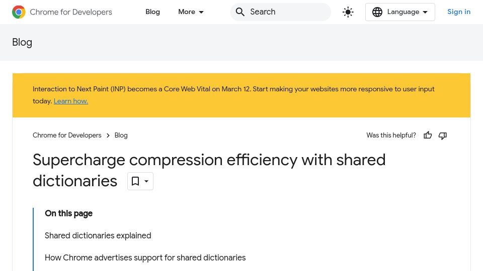 Screenshot of developer.chrome.com: Compression efficiency with shared dictionaries in Chrome