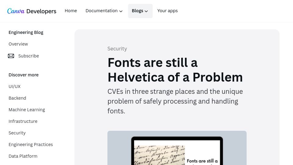 Screenshot of canva.dev: Fonts are still a Helvetica of a Problem